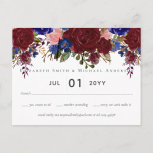 Carte Postale Elégant Burgundy Bleu Floral Budget Mariage RSVP