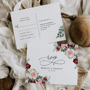 Carte Postale Elégant Burgundy Blush Floral Wedding Rsvp