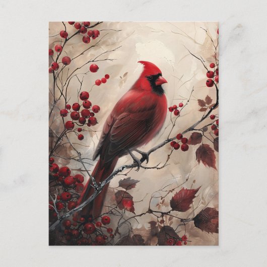 Carte Postale Elégant Cardinal et Berries peinture faunique (Devant)