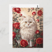 Carte Postale Élégant Chat Perse Vintage Avec Rose (Devant / Derrière)