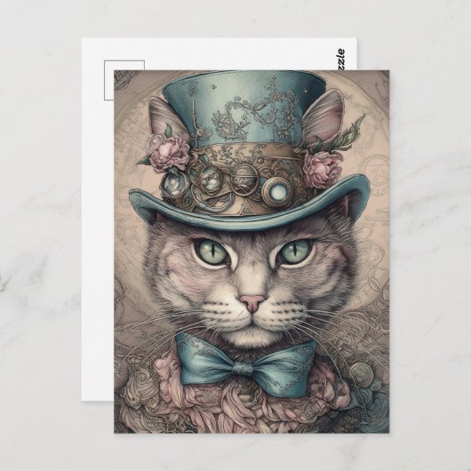 Carte Postale Élégant chat Steampunk (Devant / Derrière)