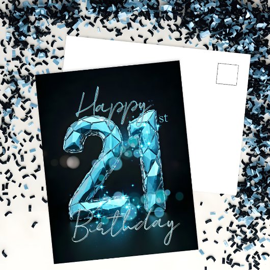 Carte Postale Élégant Chic Bleu Saphir et Noir 21e Anniversaire