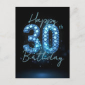 Carte Postale Élégant Chic Bleu Saphir et Noir 30e Anniversaire (Devant)