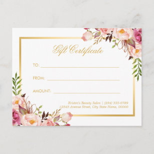 Carte Postale Élégant Chic Rose Floral certificat cadeau or