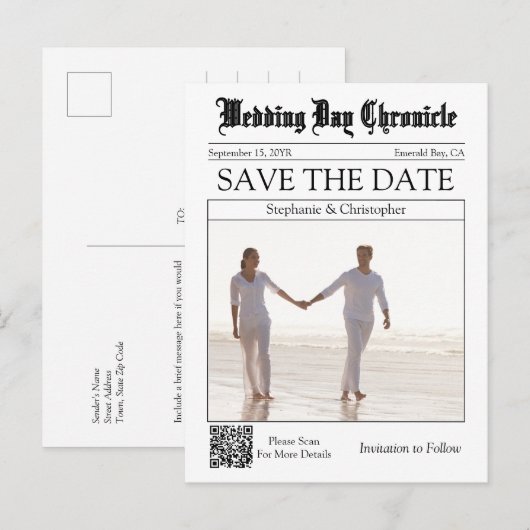 Carte Postale Élégant Code QR de Mariage de Journal Enregistrez (Devant / Derrière)