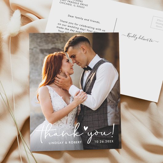 Carte Postale Élégant Cœur d'Amour Script Mariage Photo Merci