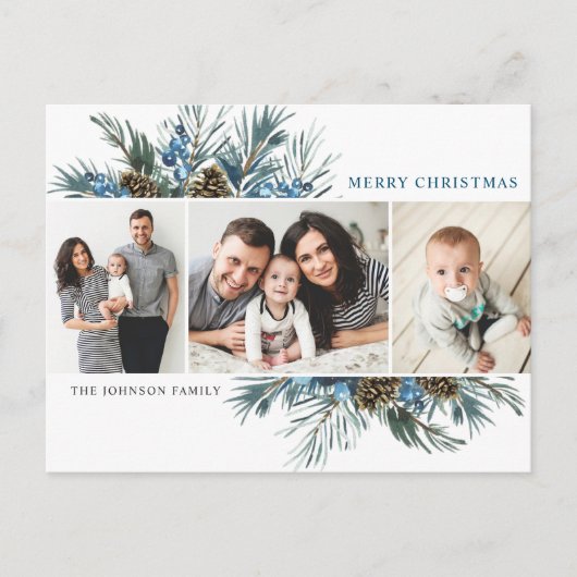 Carte Postale Élégant cônes de pin de Noël 3 voeux photo (Devant)