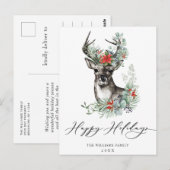 Carte Postale Élégant Deer Poinsettia Noël Salutation de Noël (Devant / Derrière)