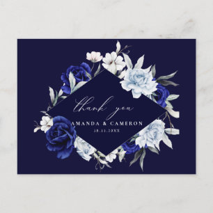 Carte Postale Elégant Dusty Blue Navy Floral Mariage Merci