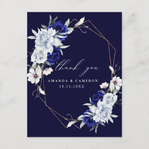 Carte Postale Elégant Dusty Blue Navy Floral Mariage Merci