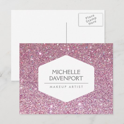 CARTE POSTALE ELÉGANT EMBLEM BLANC SUR PARTIES SCINTILLANT ROSE (Devant / Derrière)