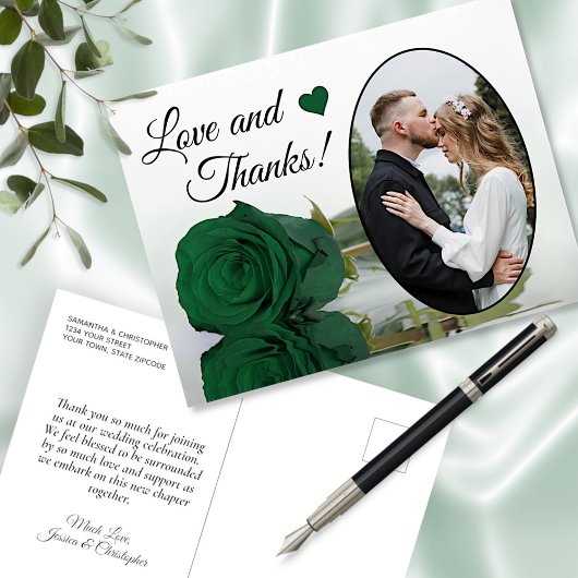 Carte Postale Élégant Emerald Green Rose Mariage Amour & Merci