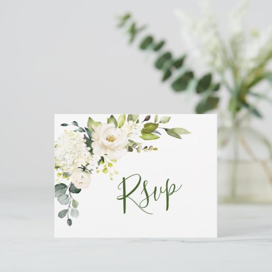 Carte Postale Elégant Eucalyptus Roses Blanches Mariage RSVP (Debout devant)