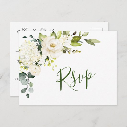 Carte Postale Elégant Eucalyptus Roses Blanches Mariage RSVP (Devant / Derrière)