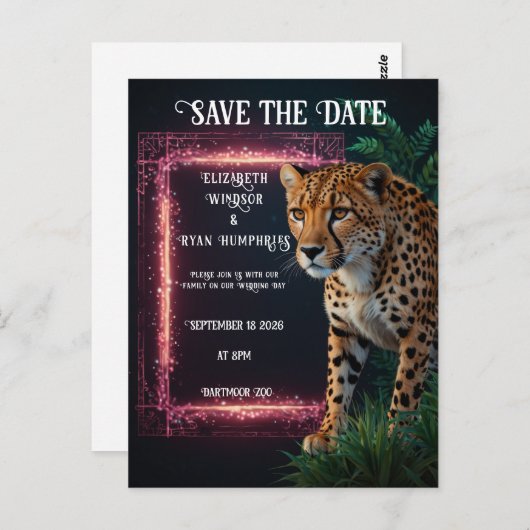 Carte Postale Elégant Faire-part de mariage de guépard rose (Devant / Derrière)