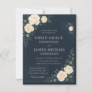 Carte Postale Elégant Faire-part de mariage floral bleu marine