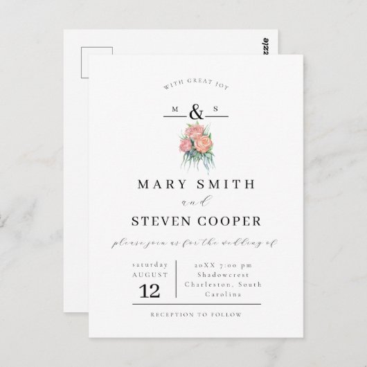 Carte Postale Élégant Faire-part de mariage Floral Monogram (Devant / Derrière)