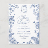 Carte Postale Élégant Faire-Part de Mariage Toile de Jouy Bleue (Devant)