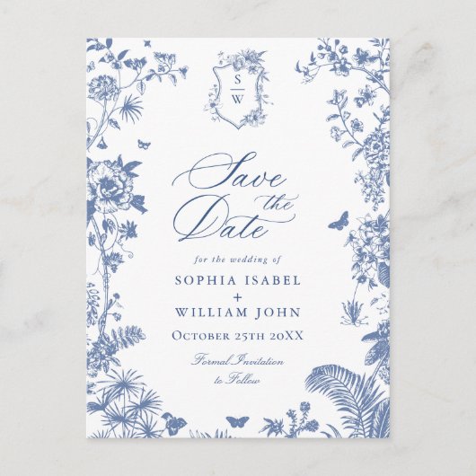 Carte Postale Élégant Faire-Part de Mariage Toile de Jouy Bleue (Devant)