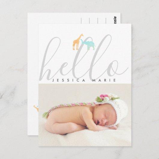 Carte Postale Elégant Faire-part de naissance Eléphant Giraffe (Devant / Derrière)