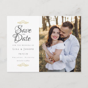 Carte Postale Élégant faire-part de photo de mariage Script Save