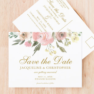 Carte Postale Élégant Faire-Part floral rose blush et or à conse