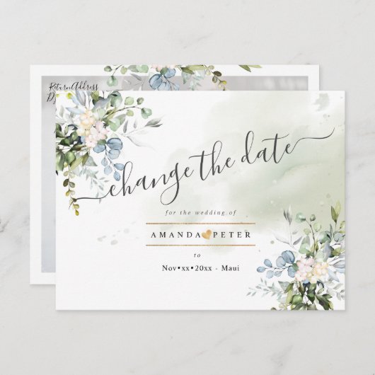 Carte Postale Élégant feuillage de gomme Bleue Modifier la date (Devant / Derrière)