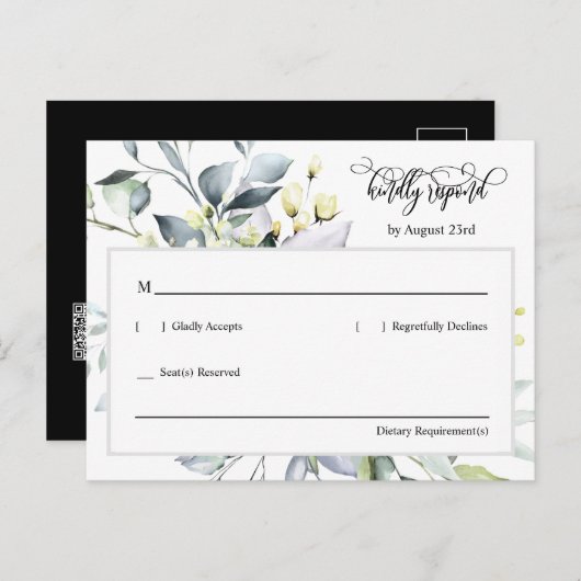 Carte Postale Élégant Feuille noir vert QR Code Adresse RSVP (Devant / Derrière)