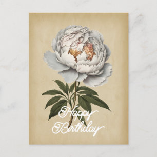 Carte Postale Elégant Fleur de Pivoine Blanche Vintage Joyeux An