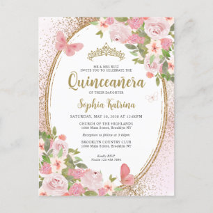 Carte Postale Elégant floral bleu rose or Tiara Quinceañera