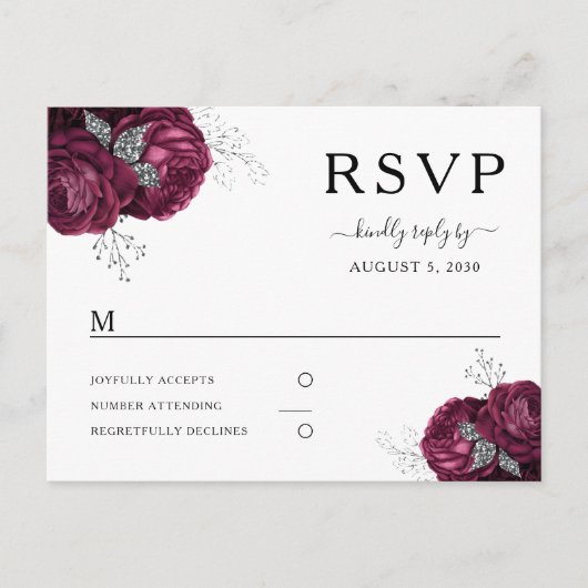 Carte Postale Elégant Floral Bourgogne Peonies Mariage RSVP (Devant)