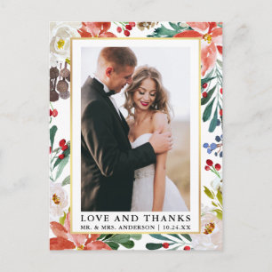Carte Postale Élégant floral d'hiver aquarelle Amour et Merci