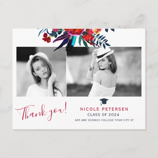 Carte Postale Élégant floral diplômé photo merci (Devant)