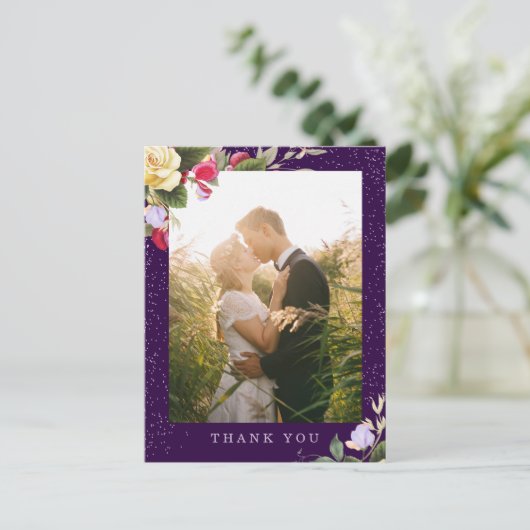 Carte Postale Élégant Floral foncé violet Mariage photo Merci (Debout devant)