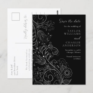 Carte Postale Élégant floral mariage argent noir à conserver pou