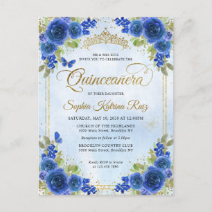 Carte Postale Elégant Floral Navy Blue Gold Tiara Quinceañera