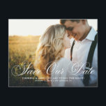 Carte Postale Élégant Flourish Script Photo Enregistrer Notre Da<br><div class="desc">Annoncez votre date de mariage à votre famille et à vos amis avec cette photo élégante enregistrer la date carte postale. Il comporte une superposition de script florissante. Personnalisez en ajoutant vos propres photos et détails mariages. Ce script enregistrer notre carte postale date est parfait pour n'importe quel thème mariage....</div>