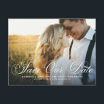 Carte Postale Élégant Flourish Script Photo Enregistrer Notre Da<br><div class="desc">Annoncez votre date de mariage à votre famille et à vos amis avec cette photo élégante enregistrer la date carte postale. Il comporte une superposition de script florissante. Personnalisez en ajoutant vos propres photos et détails mariages. Ce script enregistrer notre carte postale date est parfait pour n'importe quel thème mariage....</div>