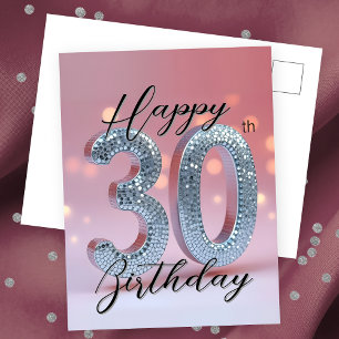 Carte Postale Élégant Glam Chic Rose et Argent Étincelant 30 ans