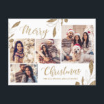 Carte Postale Elegant Gold 4 Photo Collage Botanique Noël<br><div class="desc">Elégant, moderne Gold Botanical Foliage Feuilles 4 Photo Collage Or et blanc Joyeux Script de Noël Carte postale Vacances. Ce modèle de carte postale festive, mimimaliste et fantaisiste de quatre (4) photos de vacances présente un joli collage photo, fausse feuille d'or feuillage botanique feuilles, hivernages et dit Joyeux Noël! Le...</div>