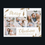 Carte Postale Elégant Gold Botanical 4 Photo Collage Noël<br><div class="desc">Elégant, moderne Feuilles botaniques or 4 Photo Collage Joyeux or et blanc Carte postale de Noël. Ce modèle de carte postale festive, mimimaliste et fantaisiste de quatre (4) jours fériés présente un joli collage photo, faux feuilles botaniques de feuille d'or, des hivernages et dit Joyeux Noël! Le texte de salutation...</div>