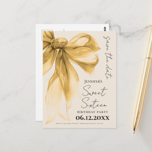 Carte Postale Elegant Gold Bow Coquette Sweet 16 Save the Date  (Devant/Arrière en situation)