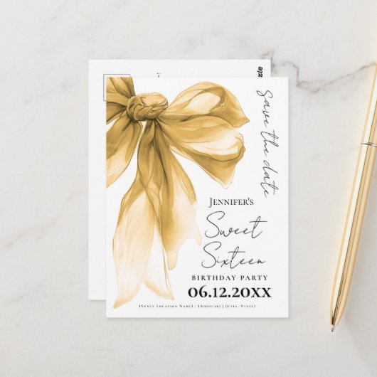Carte Postale Elegant Gold Bow Coquette Sweet 16 Save the Date  (Devant/Arrière en situation)