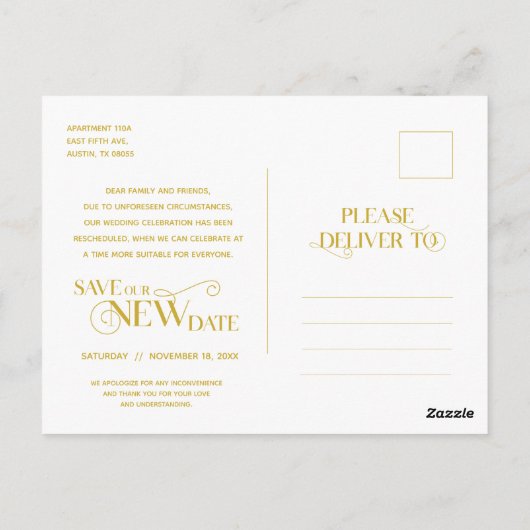 Carte Postale Elegant Gold, Enregistrer la nouvelle date, Postpo (Dos)