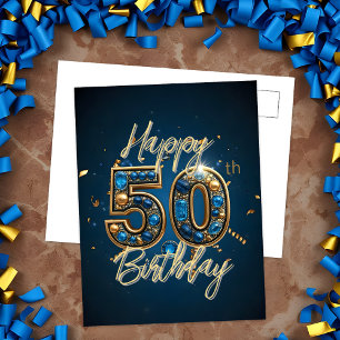 Carte Postale Elégant Gold et Blue Gemstone 50e anniversaire