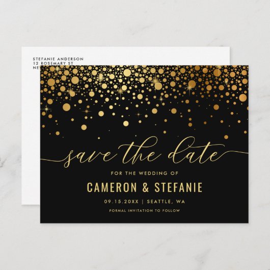 Carte Postale Elégant Gold Foil Confetti Black Enregistrer la da (Devant / Derrière)