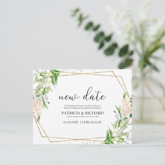 Carte Postale Elégant Gold Foil Verdure Mariage Nouveau Date (Debout devant)