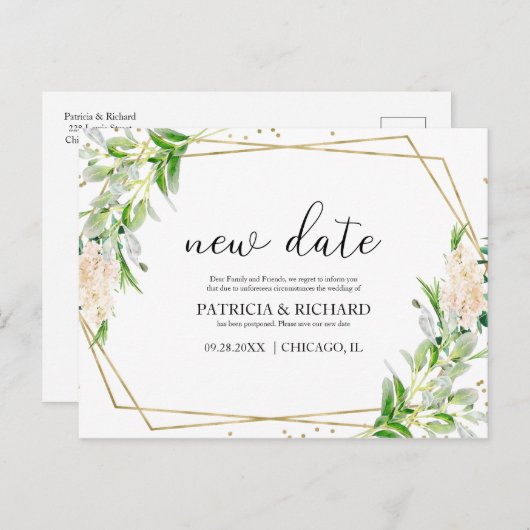 Carte Postale Elégant Gold Foil Verdure Mariage Nouveau Date (Devant / Derrière)