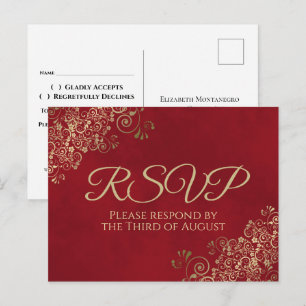 Carte Postale Elegant Gold Frills on Crimson Red Wedding RSVP