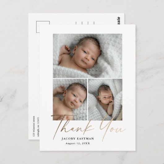 Carte Postale Elégant Gold Script 3 Photo Baby Merci (Devant / Derrière)